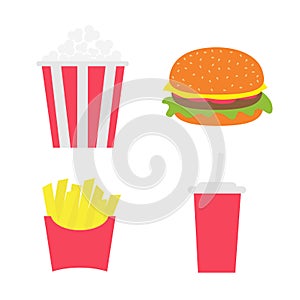French fries potato in a paper wrapper box. Popcorn. Burger. Soda drink glass with straw. Fried potatoes. Movie Cinema icon set. F