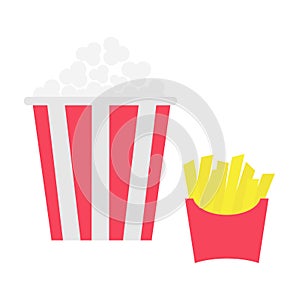 French fries potato in a paper wrapper box. Popcorn. Fried potatoes. Movie Cinema icon set. Fast food menu. Flat design. White bac