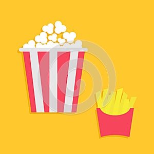 French fries potato in a paper wrapper box. Popcorn. Fried potatoes. Movie Cinema icon set. Fast food menu. Flat design. Yellow ba