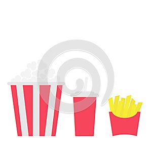 French fries potato in a paper wrapper box. Popcorn. Soda drink glass with straw. Fried potatoes. Movie Cinema icon set. Fast food