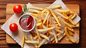 French Fries Potato Snack Ketchup Sauce Flat Lay. Golden Fry Chip Fast Food on Wooden Rustic Table. Crunchy Tasty American Dinner