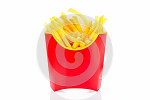 French fries potatoes in red fry box isolated on white background with reflection