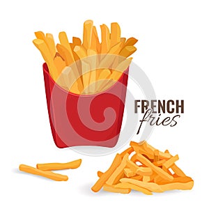 French fries potatoes in red paper carton package box. Vector