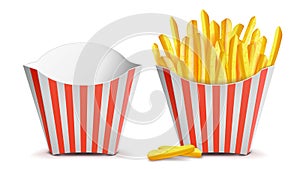 French Fries Potatoes Vector. Classic Striped Red White Paper Box. Empty And Full. Isolated On White Illustration