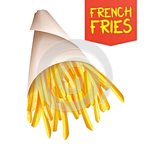 French Fries Potatoes Vector. Fast Food Icons Potato. Full Paper Bag, Cone. Isolated Realistic Illustration