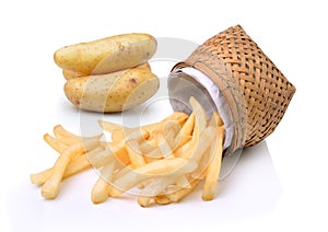 French fries and potatoes on white background