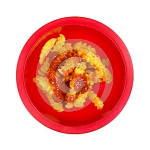 French Fries In Red Bowl Top View With Ketchup