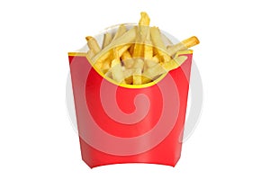 French fries in a red box isolated on a white background. Fastfood