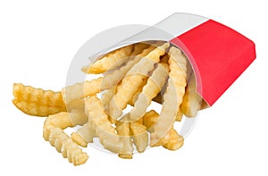 French fries in red box scattered on white