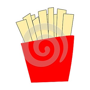 French fries in red packet, deep fried sliced potato stick isolated on white background