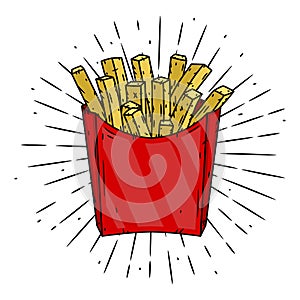 French fries in red paper box and divergent rays. Used for poster, banner, web, t-shirt print, bag print, badges, flyer