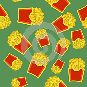 French Fries in Red Paper Box Seamless Pattern. Hot Fried Potatoes in Bucket Fast Snack. Street Fast Food