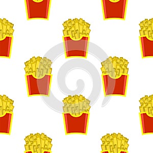 French Fries in Red Paper Box Seamless Pattern on White Background. Hot Fried Potatoes in Bucket Fast Snack