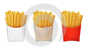 French fries in red, white, brown packaging, cartoon fry potato, fast food.