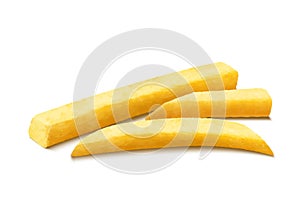 French fries. Roasted potato chips in deep fat fry oil potatoes. Yellow sticks, isolated on white background. Fastfood. Unhealthy