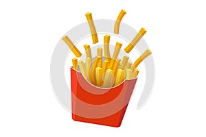 French fries scattered potato tasty fast street food in red paper carton package box. Vector flat illustration isolated