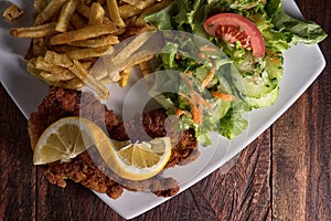 French fries, schnitzel and salad on plate