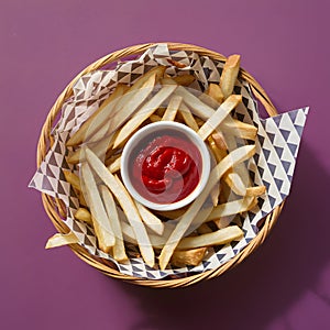 French fries served with ketchup in a charming basket