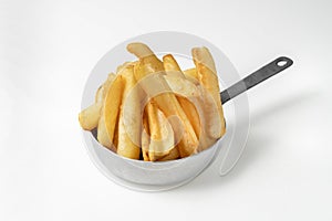 French fries on silver pot on white background