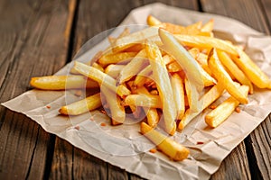 French fries on tracing paper on board on wooden table