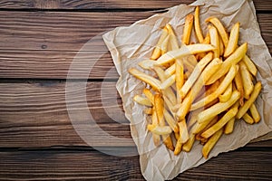 French fries on tracing paper on board on wooden table