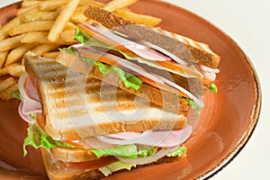 French fries and two sandwiches with cheese, sausage and lettuce leaves in a grunge plate.