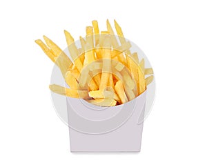 French fries in a white paper box isolated on white background.