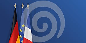 French, German and European flag on blue background