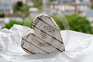 French heartshaped neufchatel cow cheese on white paper and view on old houses of Etretat, Normandy, France