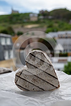 French heartshaped neufchatel cow cheese on white paper and view on old houses of Etretat, Normandy, France