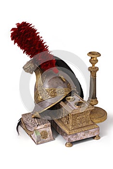French helmet, inkstand and candlestick