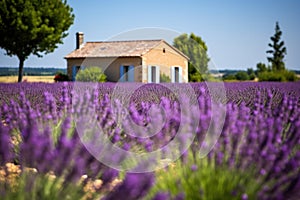 french hipped roof house sandwiched between lavender fields