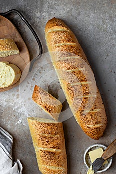 French homemade fresh bread baguettes with sesame