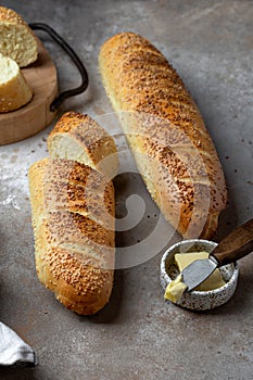 French homemade fresh bread baguettes with sesame