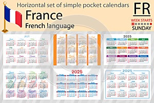 French horizontal set of pocket calendar for 2025. Week starts Sunday