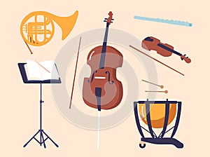 French Horn, Flute, Cello, Violin and Music Stand with Drum Timeless And Revered Classic Instruments Isolated Set