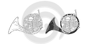 French horn. Hand-drawn French horn. Musical instruments in the drawing style. Vector illustration