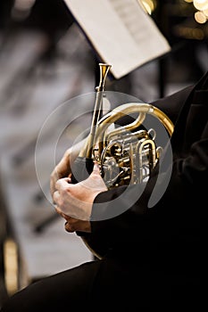 French horn in the hands of a musician in the orchestra