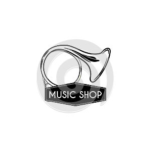French horn icon. Music store shop logo label. Vector.