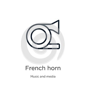 French horn icon. Thin linear french horn outline icon isolated on white background from music collection. Line vector sign,