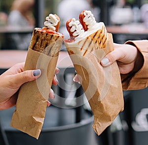 French hot dogs in woman`s hand photo