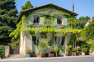 french house with hipped roof, covered in climbing ivy
