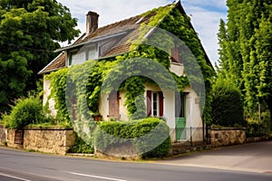 french house with hipped roof, covered in climbing ivy