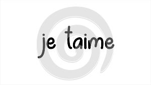 French i love you je taime written with 2d lettering using white curly font over red background with parts covered in