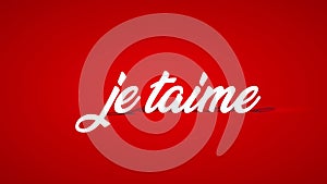 French i love you je taime written with 3d lettering using white curly font over red background with parts covered in