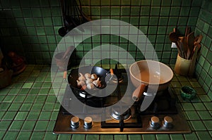 French kitchen with green tiles