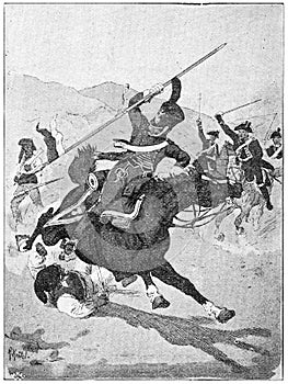 French lancer gendarme from 1810 in battle with Spanish guerrillas. photo