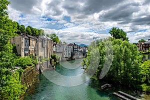 French landscape in the country on the Oloron river. Oloron Sainte Marie, france