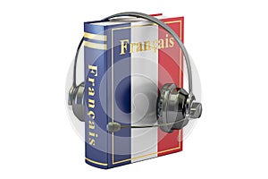 French language textbook with headset, learning and translate co