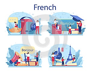 French learning concept set. Language school french course. Study